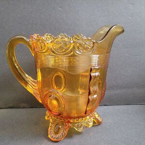 Antique Indiana Amber Dewey Depression Glass Pitcher With Floral & Geometric Des